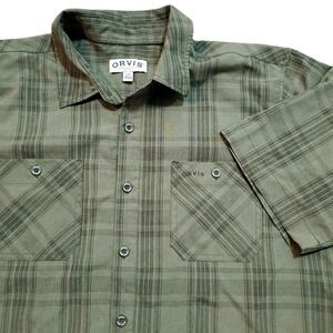 Orvis Mens Large Plaid Fishing Shirt Green Short Sleeve Built in Lens‎ Cloth